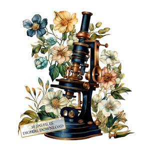 Microscopio vintage con flores (10 imágenes prediseñadas en acuarela de alta calidad) - Arte científico, diario, scrapbooking, descarga digital