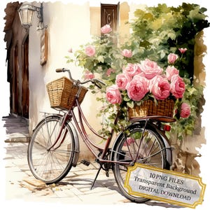 Bicycle with Basket Full of Pink Roses Clipart Bundle- 10 High Quality Watercolor PNGs- Journaling, Scrapbook Supply, Digital Download