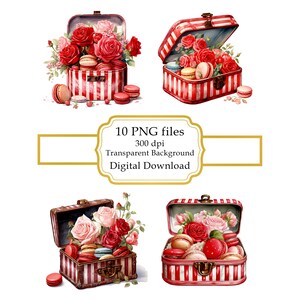 Macarons und Rosen in einer Vintage rot gestreiften Box PNG Clipart Bundle-Digital Download