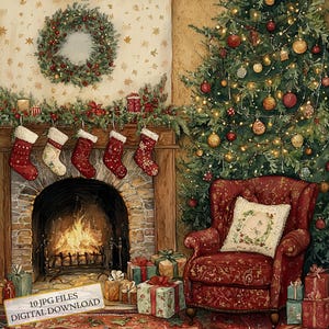 Kerst woonkamer clipartbundel-10 hoge kwaliteit aquarel jpg's-wintervakantie, journaling, scrapbook levering digitale download