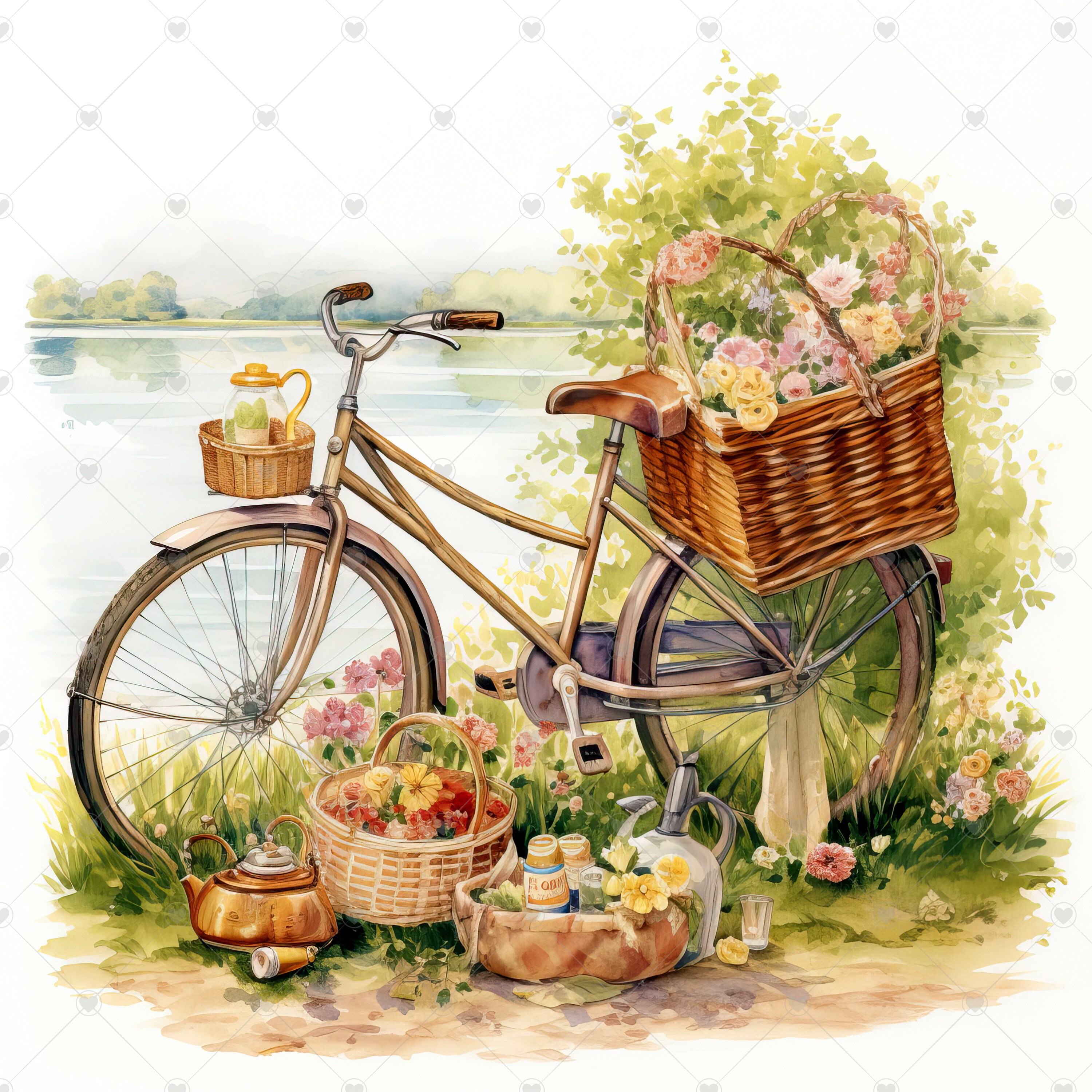 Bicycle With Picnic Basket Scenery Clipart Bundle 10 High - Etsy