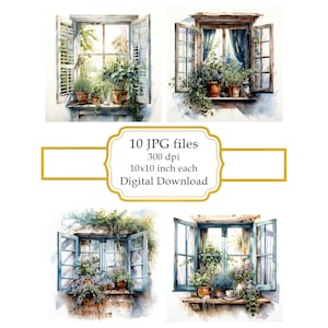 Paquete de imágenes prediseñadas JPG de ventana campestre con plantas en maceta - Descarga digital