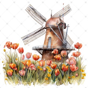 Old Cottage Windmill With Tulips Clipart Bundle- 10 High Quality ...