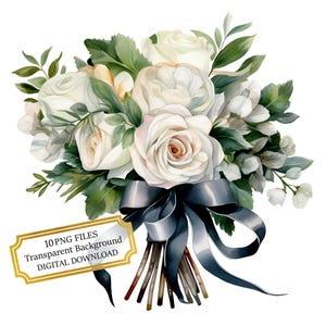 Pacote de clipart de buquê de casamento branco - 10 PNGs de aquarela de alta qualidade - Arte de amor, diário, suprimentos para scrapbook, download digital