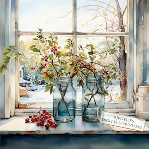 Christmas Window with Holly Branches Clipart Bundle- 10 High Quality Watercolor JPGs-Winter Holiday, Journaling, Scrapbook, Digital Download
