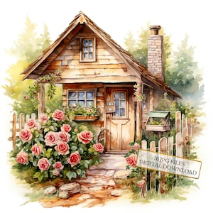 Mały drewniany domek z różami Clipart Bundle- 10 wysokiej jakości akwareli JPG- Crafting, dziennikarstwo, materiały do scrapbookingu, pobieranie cyfrowe