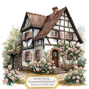 Altes deutsches Haus mit Blumen überwuchert Clipart Bundle - 10 hochwertige Aquarell PNGs - Journaling, Scrapbook Versorgung, digitaler Download