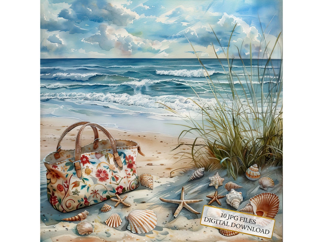 Beach Scenery With a Canvas Bag and Shells JPG Clipart Bundle- Digital ...