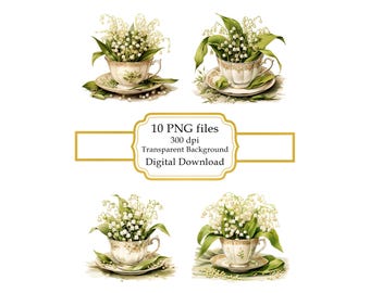 Teacup with Lily of the Valley Inside PNG Clipart Bundle- Digital Download
