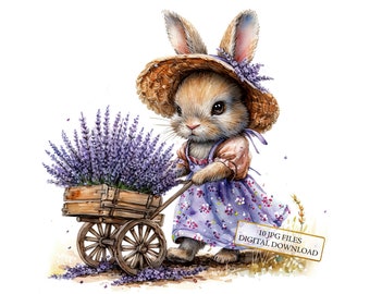 Adorable Little Bunny in Dress with Lavender Clipart Bundle- 10 High Quality Watercolor JPGs-Spring, Journaling, Scrapbook, Digital Download