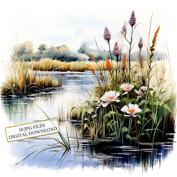 Wetland Nature Scenery Clipart Bundle- 10 High Quality Watercolor JPGs- Crafting, Junk Journaling, Scrapbook, Digital Download