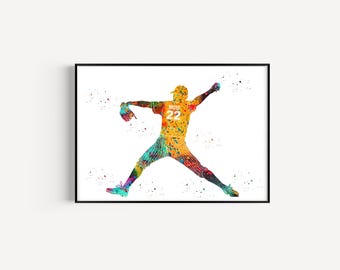 Male Softball Player, Personalized Name and Number, Sport, Watercolor Art Gift, Printable Poster