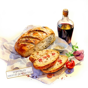 Paquete de imágenes prediseñadas de pan italiano casero: 10 archivos JPG de acuarela de alta calidad. Arte de cocina, diario basura, álbum de recortes, descarga digital.