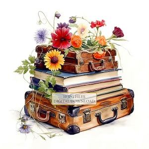 Paquete de imágenes prediseñadas de maleta vintage con flores: 10 archivos JPG de acuarela de alta calidad. Arte de viaje, diario, álbum de recortes, descarga digital.