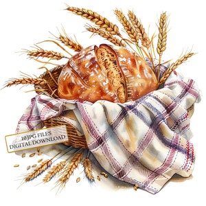 Pacote de clipart de pão rústico em cesta - 10 JPGs de aquarela de alta qualidade - Arte de cozinha country, diário, scrapbooking, download digital