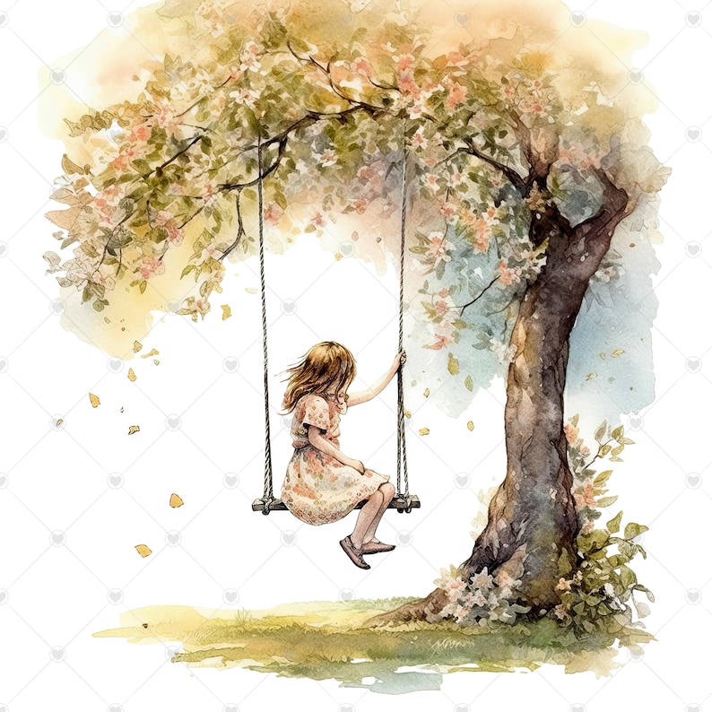 Little Girl on a Tree Swing PNG Clipart Bundle- Digital Download image 5