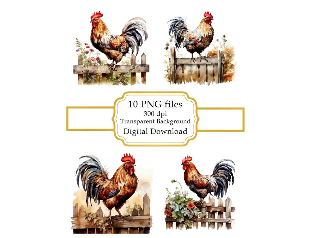 Rooster on a Rustic Wooden Fence PNG Clipart Bundle- Digital Download ...