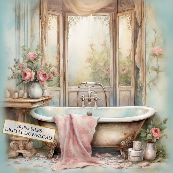 Shabby Chic Bathroom Clipart Bundle- 10 High Quality Watercolor JPGs- Vintage, Crafting, Journaling, Scrapbooking, Digital Download