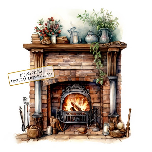 Cozy Rustic Fireplace Clipart Bundle- 10 High Quality Watercolor JPGs- Home Art, Journaling, Scrapbook Supply, Digital Download