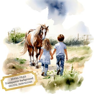 Paquete de imágenes prediseñadas de niño y niña con caballo en el campo: 10 PNG de acuarela de alta calidad. Material para diario, álbumes de recortes y descarga digital.