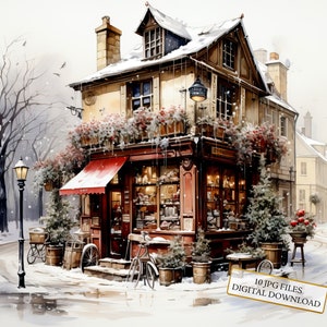 Corner Shop on Christmas Paris Street Clipart Bundle- 10 High Quality Watercolor JPGs- Winter, Journaling, Scrapbooking, Digital Download