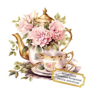Theetijd met rozen clipartbundel-10 hoge kwaliteit aquarel png's-vintage, journaling, scrapbook levering, digitale download