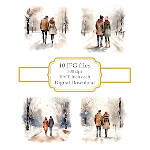 Coppia che cammina in un paesaggio invernale JPG Clipart Bundle - Download digitale