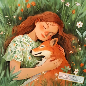 Süße Träume des kleinen Mädchens mit Fuchs Clipart Bundle - 10 hochwertige Aquarell JPGs - Handwerk, Journaling, Scrapbooking, digitaler Download