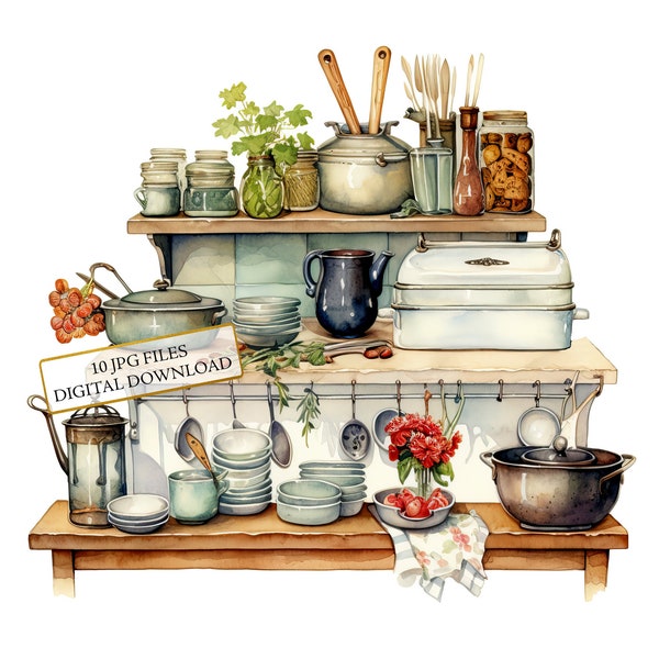 Vintage Kitchen Clutter Clipart Bundle- 10 High Quality Watercolor JPGs- Kitchen Art, Crafting, Journaling, Scrapbooking, Digital Download
