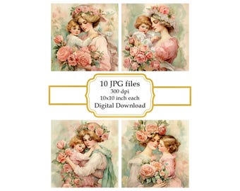 Vintage moeder en kind in bloemen JPG clipartbundel: digitale download