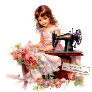 Vintage kleines Mädchen Nähen Clipart Bundle - 10 hochwertige Aquarell JPGs - Journaling, Scrapbook Versorgung, digitaler Download