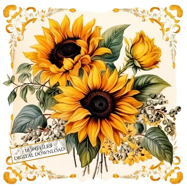 Vintage Sunflower Napkins Clipart Bundle- 10 High Quality Watercolor JPGs- Decoupage, Crafting, Junk Journaling, Scrapbook, Digital Download