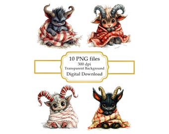 Bebé Krampus en una manta acogedora - Paquete de imágenes PNG - Descarga digital