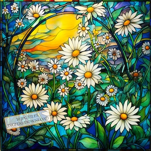 Garden of Daisies Stained Glass JPG Clipart Bundle- Digital Download
