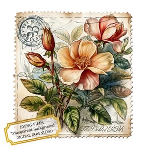 Zestaw znaczków pocztowych Vintage Clipart - 10 wysokiej jakości akwareli PNG - rękodzieło, dziennikarstwo, materiały do scrapbookingu, pobieranie cyfrowe