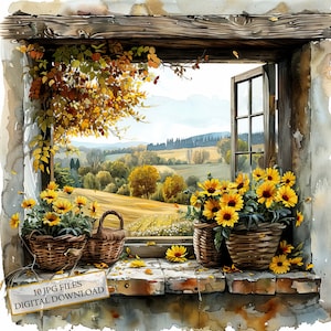 Fiori in vaso in una finestra con uno scenario di campagna Clipart Bundle - 10 JPG di acquerelli di alta qualità - Journaling, Scrapbook, Download digitale
