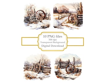 Snowy Village Road Scenery with Rustic Wheel PNG Clipart Bundle- Digital Download