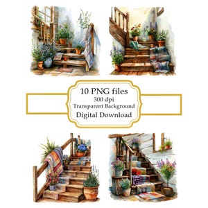 Rustieke trap met quilts en ingemaakte bloemen PNG-clipartbundel - digitale download
