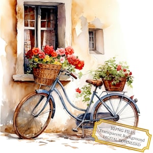 Bicycle with Flower Basket in the Countryside Clipart Bundle- 10 High Quality Watercolor PNGs- Journaling, Scrapbook Supply Digital Download