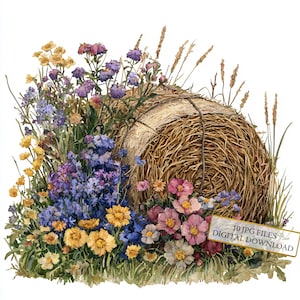 Bale of Hay with Spring Flowers JPG Clipart Bundle- Digital Download
