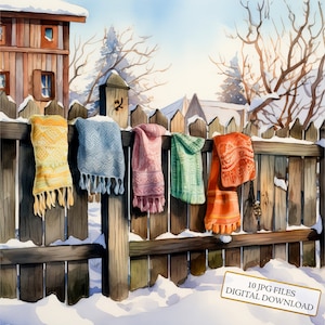 Gebreide sjaals hangen aan een besneeuwde houten omheining clipartbundel-10 hoge kwaliteit aquarel jpgs-journaling, scrapbooking, digitale download