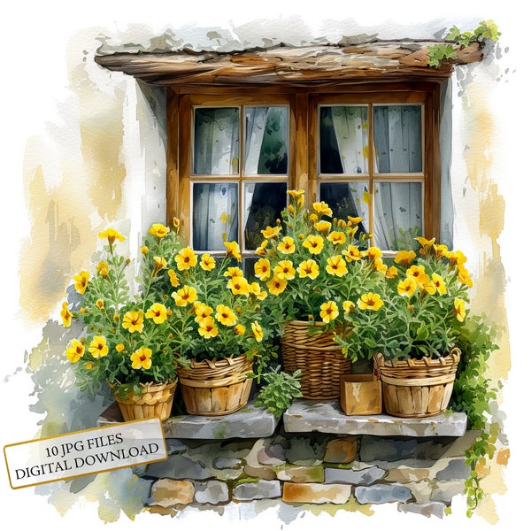 Country Cottage Window with Potted Primrose Clipart Bundle- 10 High Quality Watercolor JPGs- Craft, Journaling, Scrapbook, Digital Download