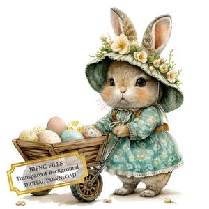 Süßer kleiner Hase im Kleid mit Ostereiern Clipart Bundle - 10 hochwertige Aquarell PNGs - Frühling, Journaling, Scrapbook, digitaler Download