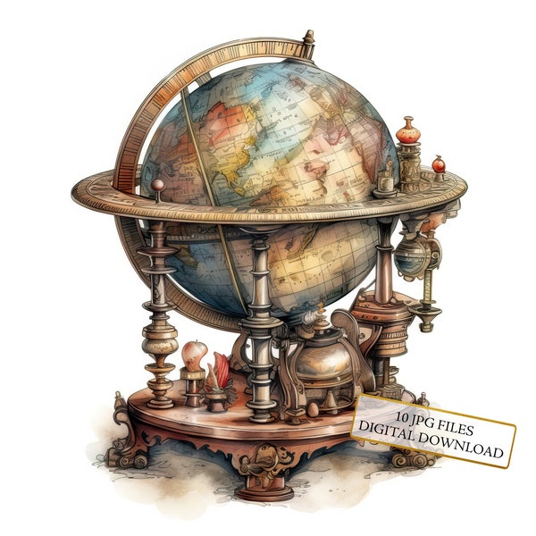 Steampunk World Globe Clipart Bundle- 10 High Quality Watercolor JPGs- Crafting, Journaling, Scrapbook Supply, Digital Download