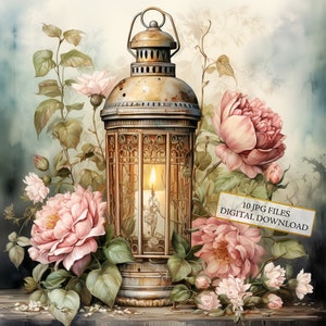 Paquete de imágenes prediseñadas de faroles florales antiguos de estilo shabby chic: 10 archivos JPG de acuarela de alta calidad. Material para manualidades, diarios, álbumes de recortes y descarga digital.