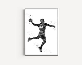 Male Handball Player, Personalized Name and Number, Sport, Watercolor Art Gift, Printable Poster
