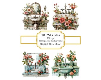 Vintage Bathroom with Flowers PNG Clipart Bundle- Digital Download