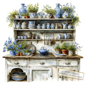 Rustic White Country Kitchen Cabinet Clipart Bundle- 10 High Quality Watercolor JPGs- Crafting, Journaling, Scrapbooking, Digital Download
