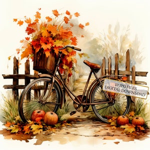 Paquete de imágenes prediseñadas de bicicletas en la calle y hojas de otoño: 10 archivos JPG de acuarela de alta calidad. Estaciones, diario, álbum de recortes, descarga digital.