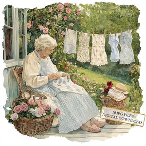 Nonna che ripara i vestiti sul portico del cottage Clipart Bundle - 10 JPG ad acquerello di alta qualità - Artigianato, diario, scrapbooking, download digitale